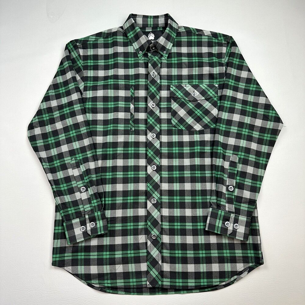 Duluth Trading Shirt Mens Medium Green Plaid Alaskan Hardgear Flannel Boars Nest